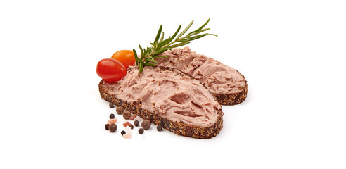 Foie gras, liver pate sandwich, isolated on white background.