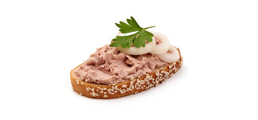 Foie gras, liver pate sandwich, isolated on white background.
