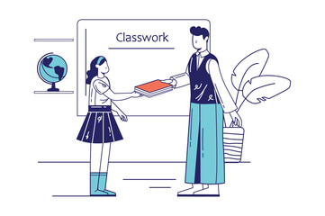 School teacher concept in flat line design for web banner. Teacher gives textbook to pupil and explains and helps to do classwork, modern people scene. Illustration in outline graphic style