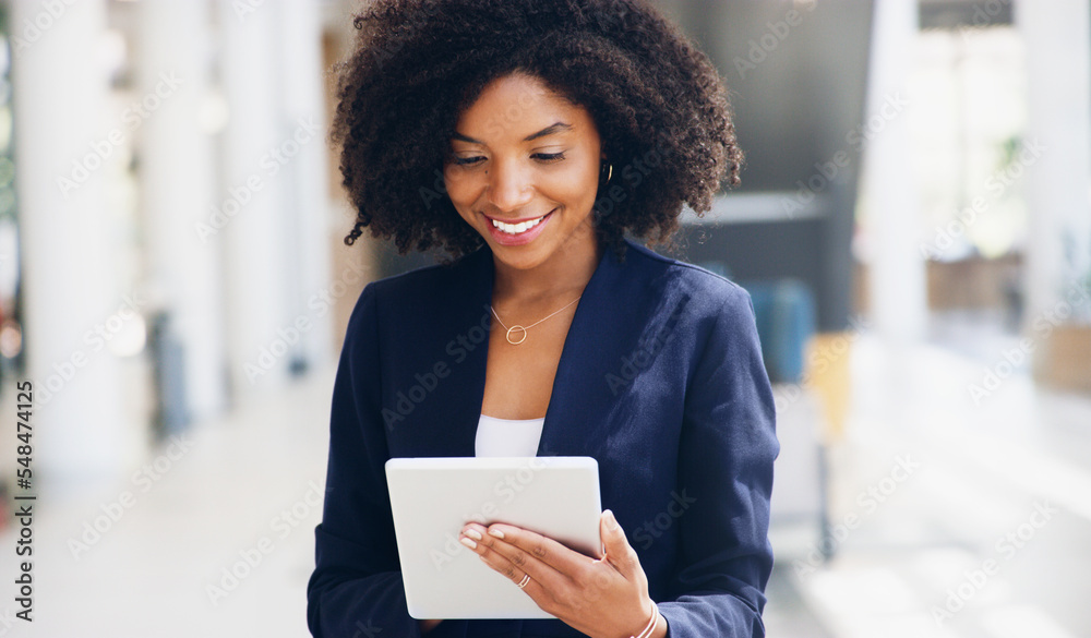 Poster digital tablet, office and business woman reading information documents online on the internet. happ