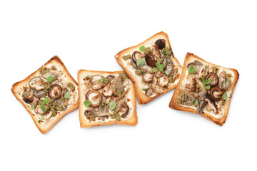 Delicious toasts with cream cheese, mushrooms and pesto sauce on white background