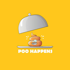 vector funny cartoon cool cute brown smiling poo icon sitting on food silver tray isolated on orange background. poo happens concept illustration