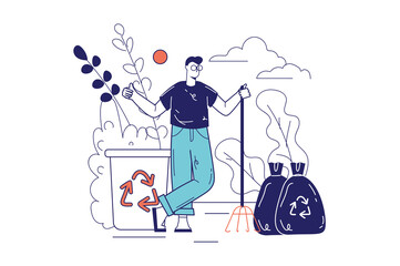 People collecting garbage concept in flat line design for web banner. Man gathering rubbish outdoors and take it into recycling bin, modern people scene. Illustration in outline graphic style