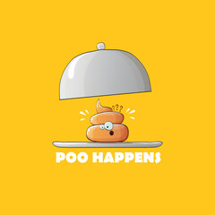 vector funny cartoon cool cute brown smiling poo icon sitting on food silver tray isolated on orange background. poo happens concept illustration