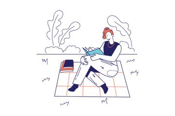 Fototapeta premium People reading book concept in flat line design for web banner. Woman sits with book on picnic, literature lover is resting in park, modern people scene. Illustration in outline graphic style