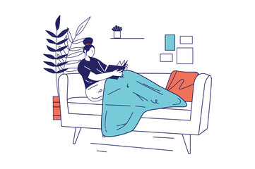 People reading book concept in flat line design for web banner. Woman sits with book o sofa, literature lover is resting at home, modern people scene. Illustration in outline graphic style