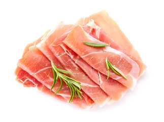 Slices of tasty ham with rosemary isolated on white background