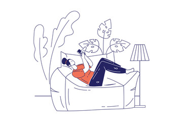 People sit in gadgets concept in flat line design for web banner. Woman browsing in smartphone while lying on sofa or armchair, modern people scene. Illustration in outline graphic style