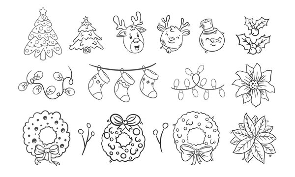 Christmas icons decoration element hand drawn coloring