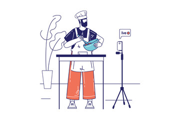 Video streaming concept in flat line design for web banner. Man blogger cooking food in kitchen in online broadcast with followers, modern people scene. Illustration in outline graphic style