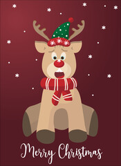 christmas reindeer with ribbon.
a Christmas card with a deer in a hat and scarf.. snowflake on the nose. funny deer