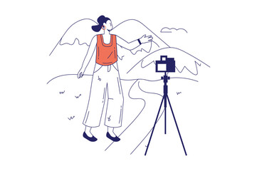 People in travel concept in flat line design for web banner. Woman tourist takes selfie on camera in mountains, resting on vacation, modern people scene. Illustration in outline graphic style