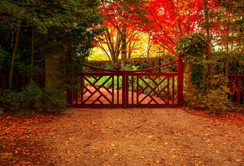Obraz premium Red gate and autumn colours of beautiful gardens