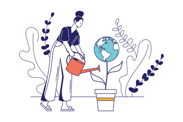 Earth day concept in flat line design for web banner. Woman waters planet from watering can. Environmental care and eco friendly, modern people scene. Illustration in outline graphic style