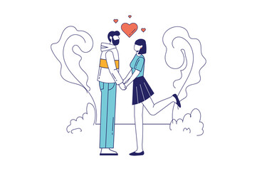 Valentines day concept in flat line design for web banner. Man hold hands woman. Couple in love celebrate romantic holiday together, modern people scene. Illustration in outline graphic style
