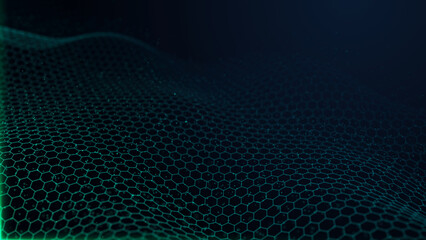 Futuristic digital hexagonal grid. Abstract dark background of particle flow. Big data analysis and automation. Intelligent blue wave. Science, technology and cyberspace. 3d rendering