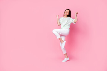 Full length photo of cheerful pretty girl stylish clothes yell scream yeah black friday sale empty space isolated on pink color background