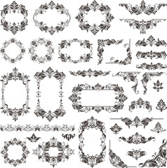 Vintage design lace borders monogram logo and corners, dividers Vector set art deco floral ornaments elements
