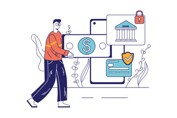 Online banking concept in flat line design for web banner. Man uses financial account and manages credit cards in app on mobile phone, modern people scene. Illustration in outline graphic style