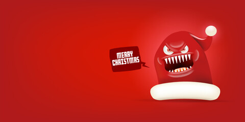 Vector cartoon monster Santa Claus red hat with grinch face isolated on red Christmas horizontalbackground. Merry Christmas greeting card or banner with funny crazy monster Santa Claus hat. Santa hat