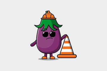 Construction worker Eggplant cute character mascot cartoon illustration