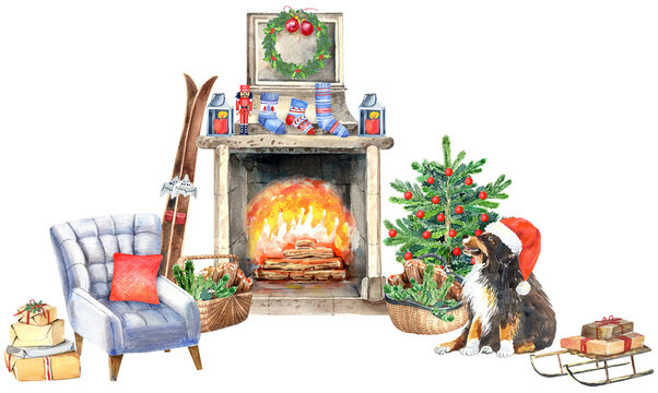 Christmas clip art, cozy fireplace, christmas tree, gifts, bernese mountane dog, red Santa hat, winter season.  Isolated elements. Hand painted in watercolor.
