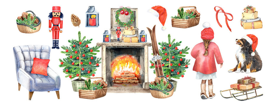 Christmas clip art, cozy fireplace, christmas tree, gifts, bernese mountane dog, red Santa hat, winter season.  Isolated elements on a white background. Hand painted in watercolor.