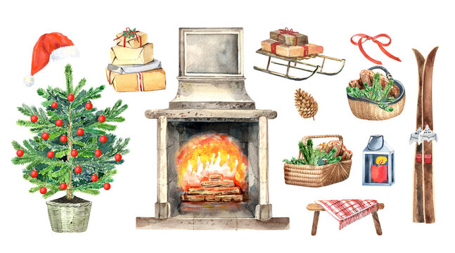 Christmas clip art, cozy fireplace, christmas tree, gifts, winter season.  Isolated elements on a white background. Hand painted in watercolor.