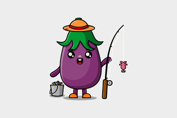 Cute cartoon Eggplant ready fishing character illustration wearing fishing equipment 