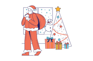 Merry Christmas concept in flat line design for web banner. Santa Claus brings gifts under holiday tree. Snowman and xmas symbols, modern people scene. Illustration in outline graphic style