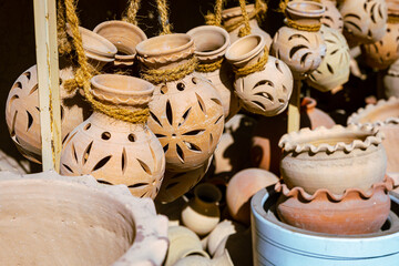 Oman Hand Made Pottery in Nizwa Market. Clay Jars at the Rural Traditional Arabic Bazaar, Oman. 