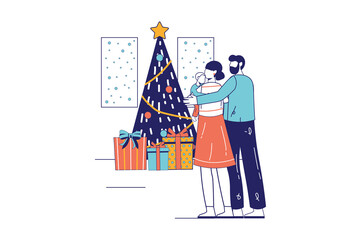 Merry Christmas concept in flat line design for web banner. Mom and dad hug little son near holiday tree at festive celebrate party, modern people scene. Illustration in outline graphic style