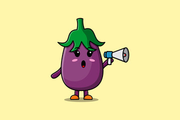 Cute Cartoon Eggplant character speak with megaphone in 3d cartoon style concept