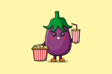 Cute cartoon Eggplant with popcorn and drink ready to watching film in cinema