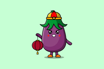 Cute cartoon Eggplant chinese character holding lantern in vector icon illustration