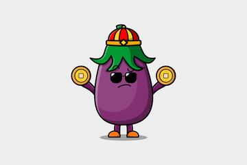 Cute cartoon Eggplant chinese character holding coin in vector icon illustration