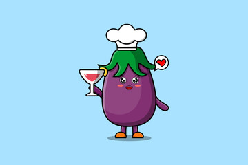 Cute cartoon Eggplant chef character holding wine glass flat cartoon style illustration