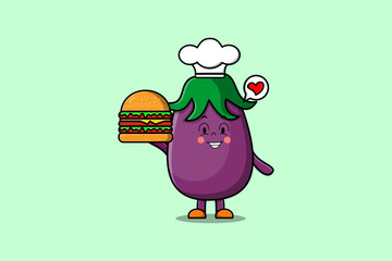 Cute cartoon Eggplant chef character holding burger in flat cartoon style illustration