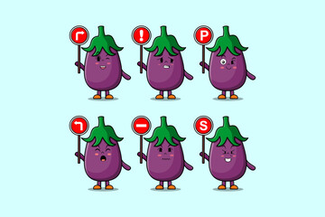 Cute Eggplant cartoon character holding traffic sign illustration in modern 3d style design