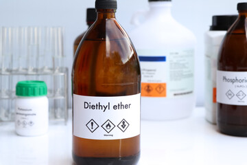 Diethyl ether in glass, chemical in the laboratory and industry