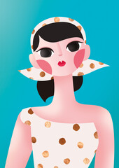 Illustration d'une jeune femme avec de grands yeux bruns, un foulard dans ses cheveux, joues roses, habillée pour l'été d'une robe blanche à pois dorés,style moderne graphique