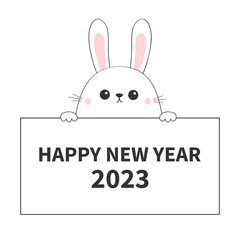 Happy Chinese New Year 2023. The year of the rabbit. Bunny icon hanging on paper board. Paw hands. Contour line. Funny hare. Cute cartoon character. Kawaii animal. Flat design White background