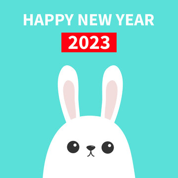 Happy Chinese New Year 2023. The year of the rabbit. White bunny head face. Picaboo. Flat design. Big ears. Cute kawaii funny cartoon character. Baby greeting card. Blue background.