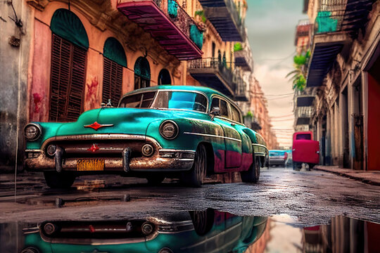 AI generated image of a classic American car parked in a colorful street in Havana, Cuba