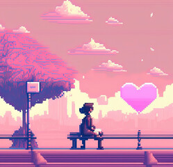 Pixel Romantic landscape with big heart in sky. Lonely girl. Pixelated Valentine's Day card in pink colors. Retro pixel art in a style of 80's. Digital painting illustration.	