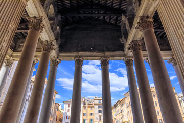 The Pantheon in Rome, Italy: view from inside the pronaos through the colonnaded portico.