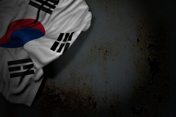 cute dark illustration of Republic of Korea (South Korea) flag with large folds on rusty metal with free place for content - any celebration flag 3d illustration..
