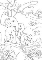 Coloring book for children and adults. Wild animals family of elephants.