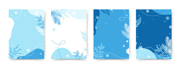 Winter background with Christmas tree branches, blue flowers, snowflakes. Merry Christmas banner template. Vector design of christmas elements for greeting card, cover, social media post