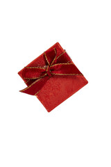 Red gift box with red ribbon bow with gold border on lid for ring or jewelry on white background, Valentine's Day